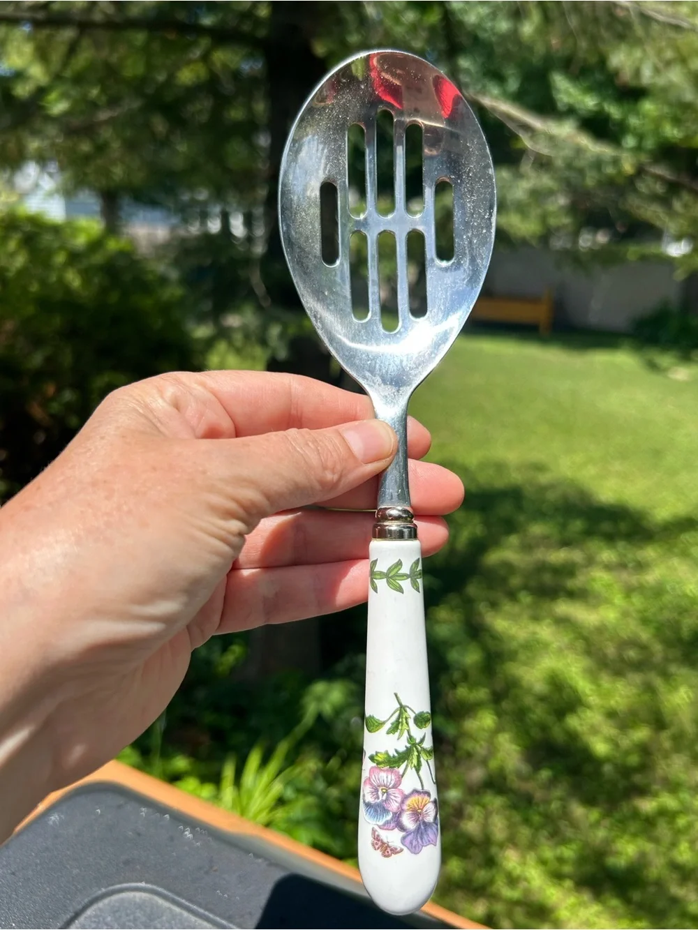 Portmeirion Spoon Floral Ceramic Handle Slotted Serving White Green Pansies